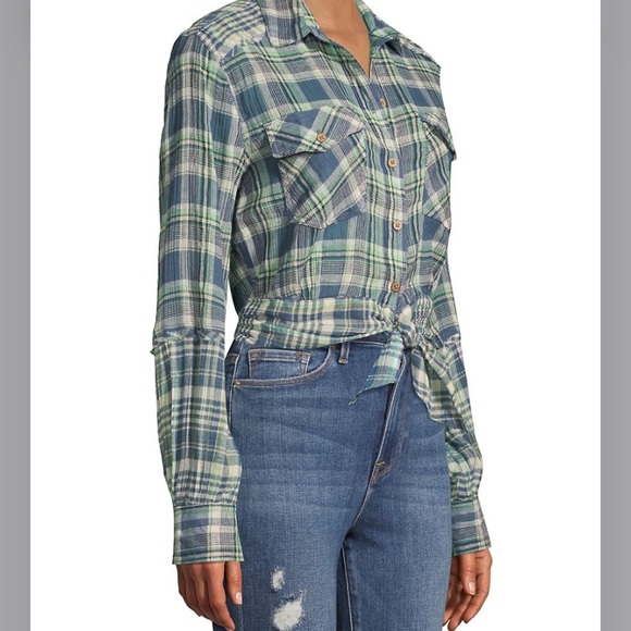 NWT Free People First Bloom Tie-Front Plaid Shirt - Picture 2 of 7